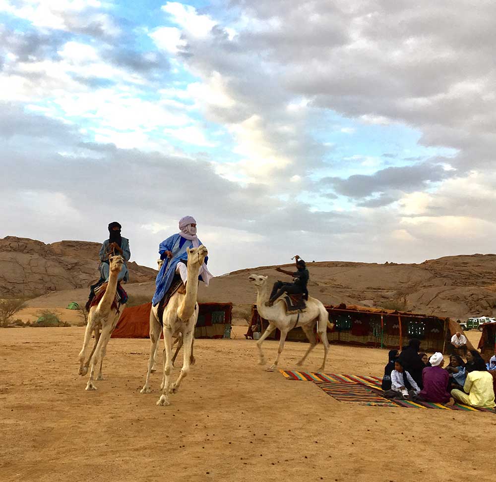 Tuareg-Reiterspiel auf weißen Kamelenn