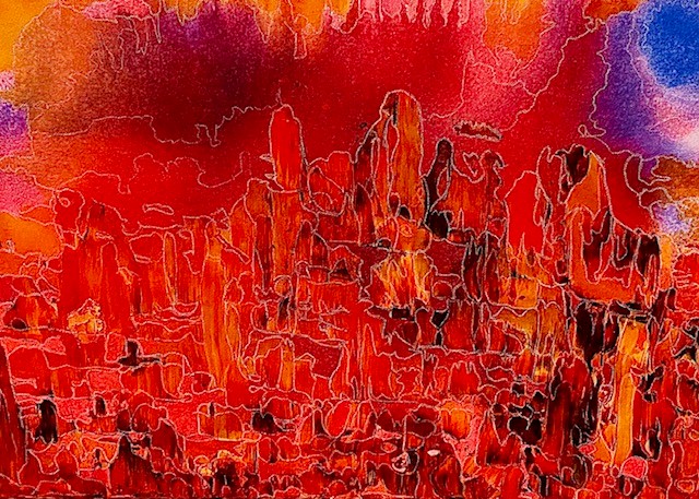 "Sonnenuntergang über der Sahara", 50 mal 70 cm, Leinwand, Tinte, Acrylfarbe. Kreide