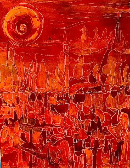 "Abendstimmung in der Sahara", Leinwand, 100 mal 80 cm, Tinte, Acrylfarbe, Kreide