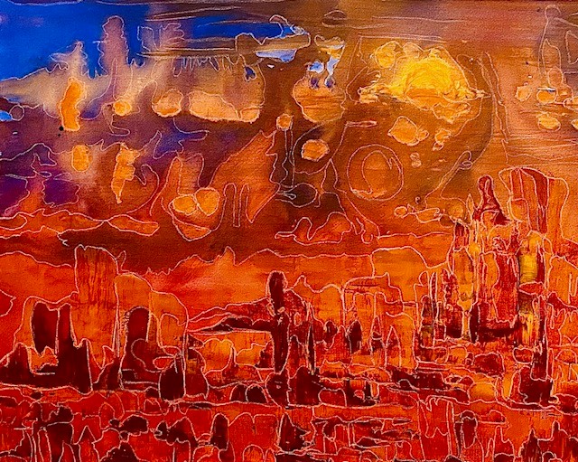 "Sonnenuntergang über der Sahara", Leinwand, 100 mal 80 cm, Tinte, Acrylfarbe, Kreide