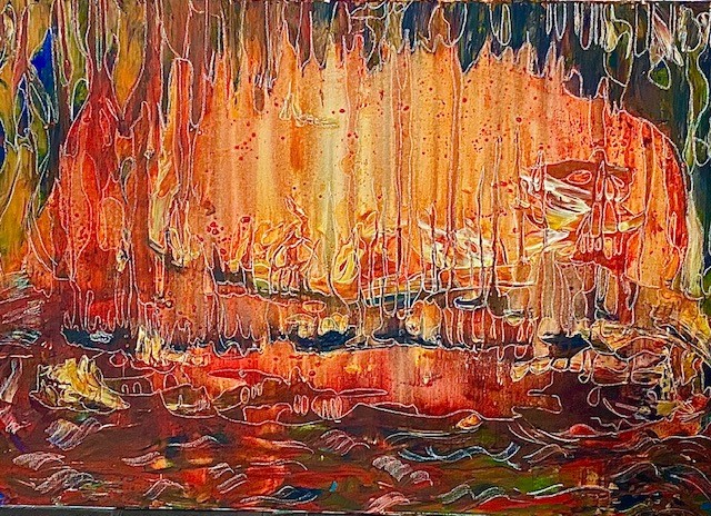 "Das Meer brennt", Leinwand, 70mal 100cm, Acrylfarbe und Kreide