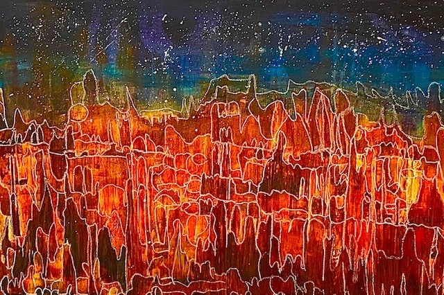 "Sternennacht in der Sahara", Leinwand, 70mal 100cm, Kalligraphietinte, Acrylfarbe und Pastellkreide