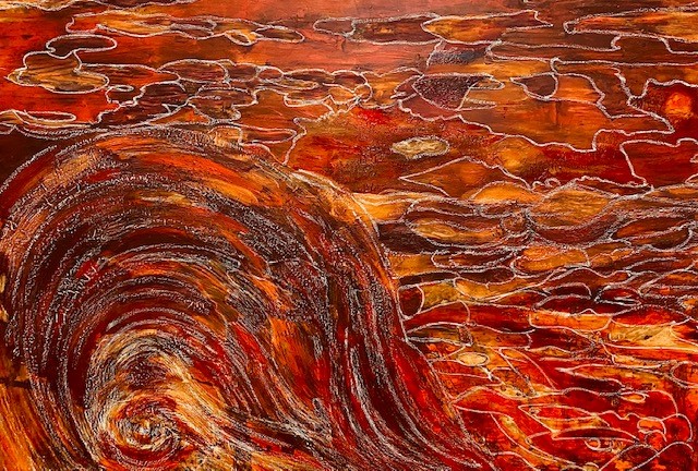 "Die rote Welle", Leinwand, 100 mal 150cm, Acrylfarben und Ölpastellkreide