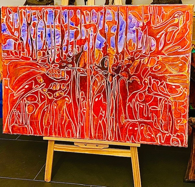 "Roter Wald mit Fabelwesen", Leinwand, 70mal 100cm, Kalligraphie-Tinte und Ölpastellkreide