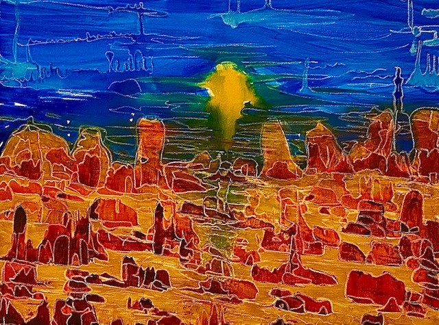 Sonnenuntergang über der Sahara, Leinwand, 70mal 100cm, Kalligraphie-Tinte, Acrylfarbe und Ölpastellkreide