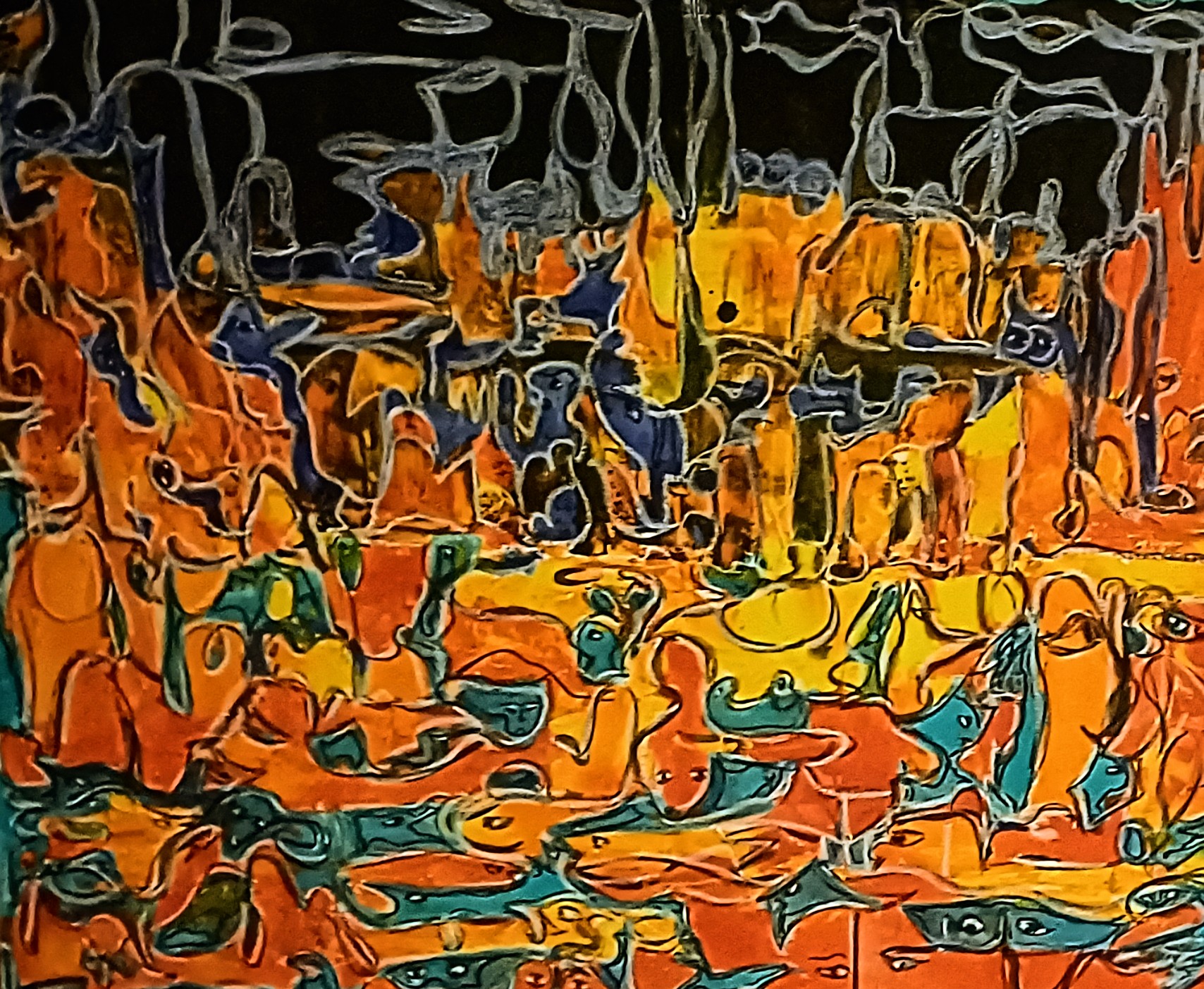 Mein Stadtbild mit bunter Vielfalt, Leinwand 80mal 120cm, Kalligrafietinte und Acrylfarbe, 500 Euro